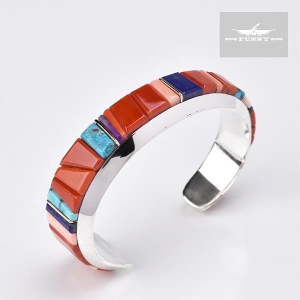FUNNY公式ストア ナバホ族 ウェス・ウィリー インレイ ブレスレット 珊瑚 インディアンジュエリ...