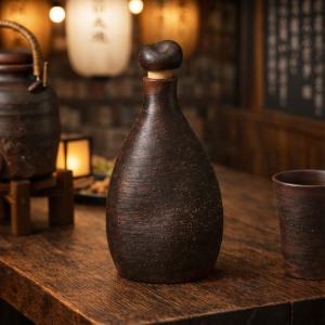 装飾的な黒と金の陶器ボトル 金彩木の葉天目杯 / Gold Glaze Foliage Tenmoku Cup H4.3 x W8.5 x D8