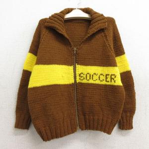 古着 長袖 フルジップ ニット カーディガン カウチン セーター キッズ ボーイズ 子供服 70s サッカー 襟付き ラグラン タロン 茶他 ブ｜古着屋RushOut