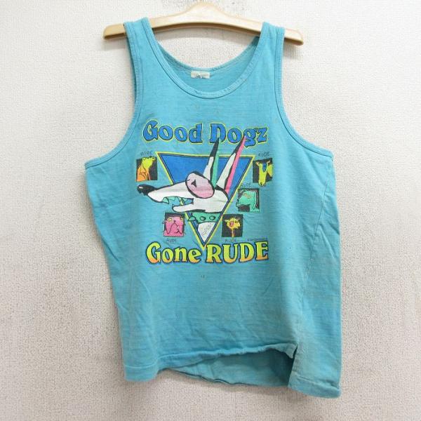 古着 ビンテージ タンクトップ キッズ ボーイズ 子供服 80年代 80s 犬 クルーネック 水色 ...