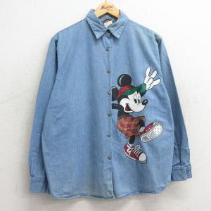 古着 長袖 シャツ レディース 90s ディズニー ミッキー 大きいサイズ コットン 薄紺 ネイビー デニム spe 24may30 中古 ブラウス トップス｜furugiyarushout