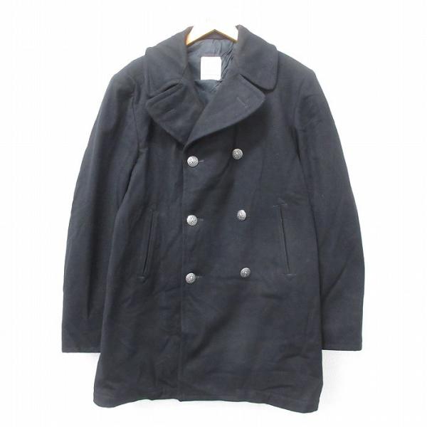 L/古着 長袖 ミリタリー ウール オーバー コート メンズ 80s ロング丈 黒 ブラック 25j...