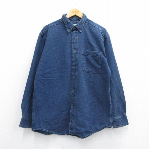 L/古着 エルエルビーン LLBEAN 長袖 ブランド シャツ メンズ 80s ロング丈 紺 ネイビ...