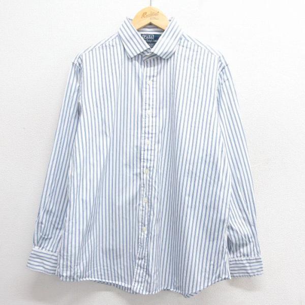 XL/古着 ラルフローレン 長袖 ブランド シャツ メンズ 90s コットン 薄紺 ネイビー ストラ...