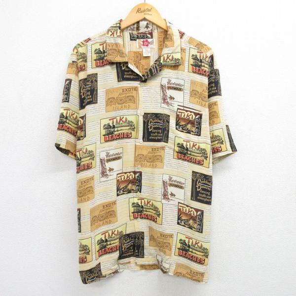XL/古着 半袖 ハワイアン シャツ メンズ TIKI シルク 開襟 オープンカラー ベージュ カー...