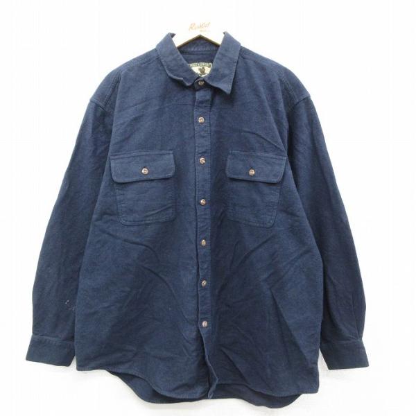 XL/古着 長袖 ヘビー フランネル シャツ メンズ 大きいサイズ ロング丈 コットン 紺 ネイビー...