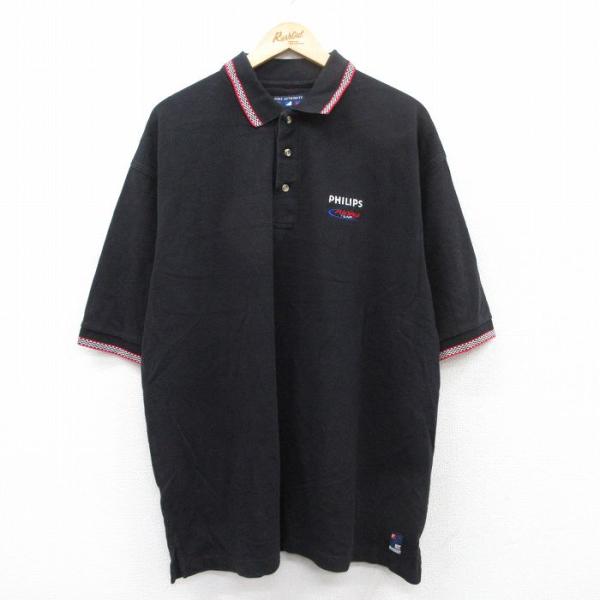 XL/古着 半袖 ポロ シャツ メンズ レーシング PHILIP 鹿の子 大きいサイズ コットン 黒...
