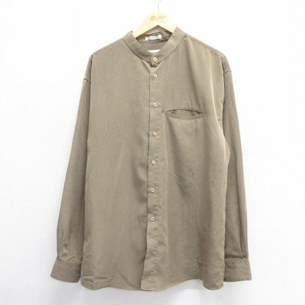 【50%OFF】XL/古着 長袖 シャツ メンズ ロング丈 ノーカラー 茶 ブラウン 24feb08...
