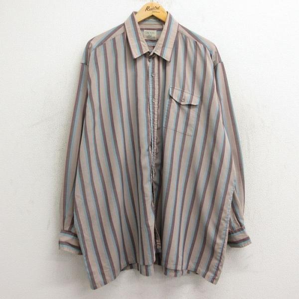 XL/古着 長袖 シャツ メンズ 80s 大きいサイズ ベージュ他 カーキ ストライプ 24aug1...