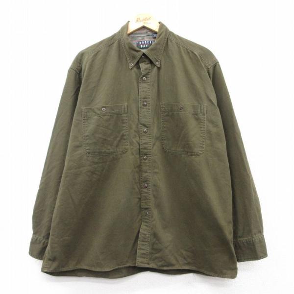 XL/古着 長袖 シャツ メンズ 00s 大きいサイズ コットン ボタンダウン 濃緑 グリーン デニ...