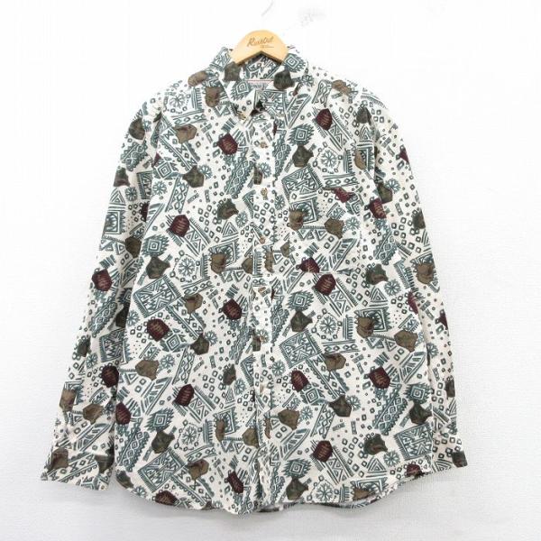 XL/古着 長袖 シャツ メンズ 鳥 ネイティブ柄 ラグ柄 大きいサイズ ロング丈 コットン ボタン...