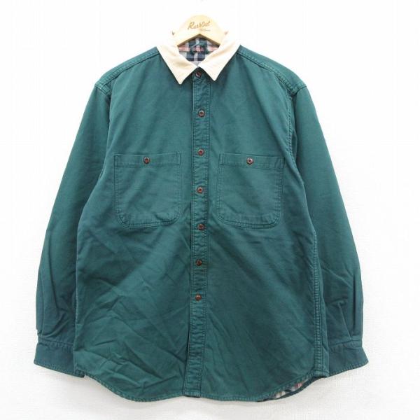 【20%OFF】L/古着 EMS 長袖 シャツ メンズ 90s ダック地 ロング丈 コットン 緑 グ...