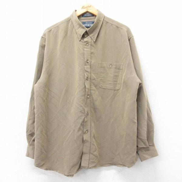 XL/古着 長袖 シャツ メンズ 大きいサイズ レーヨン ボタンダウン 茶系 ブラウン 25oct1...