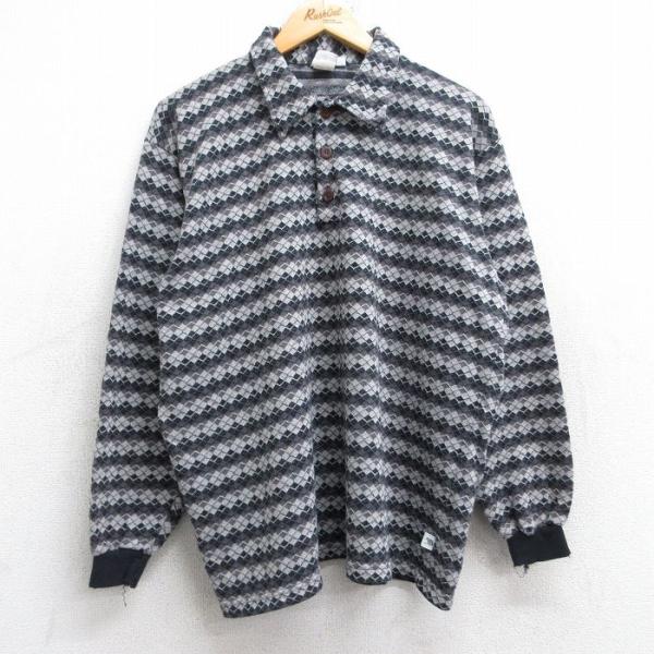 XL/古着 ハンテン 長袖 ポロ シャツ メンズ 80年代 80s 総柄 コットン USA製 グレー...