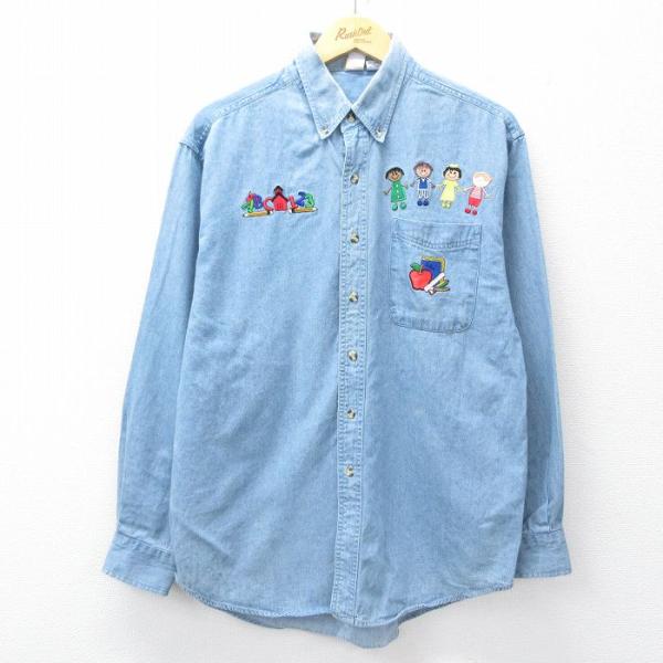 【20%OFF】L/古着 長袖 シャツ メンズ 子ども ワッペン コットン ボタンダウン 薄紺 デニ...
