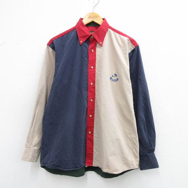 L/古着 長袖 シャツ メンズ マルチカラー クレイジーパターン コットン ボタンダウン 紺他 25...