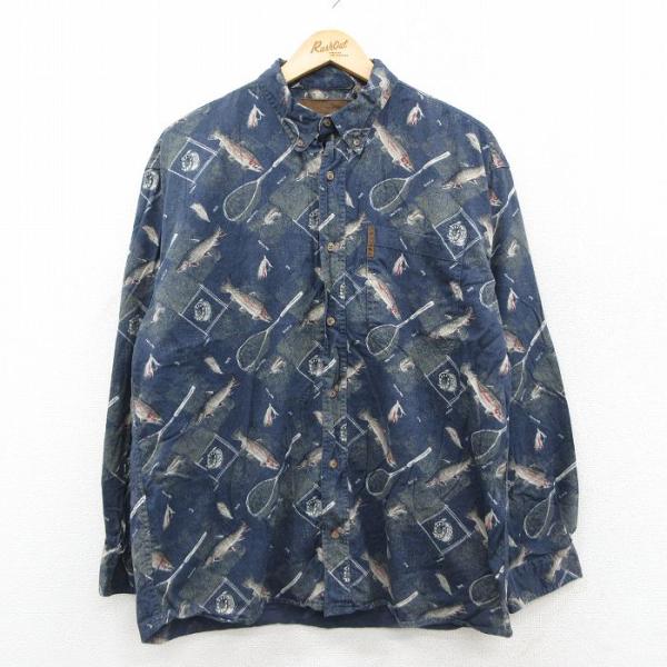 XL/古着 長袖 シャツ メンズ 魚 総柄 コットン ボタンダウン 紺 spe 26jan29