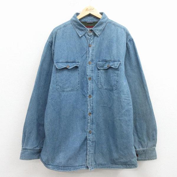 XL/古着 ウールリッチ 長袖 シャツ メンズ 大きいサイズ ロング丈 コットン 紺 デニム 内側フ...