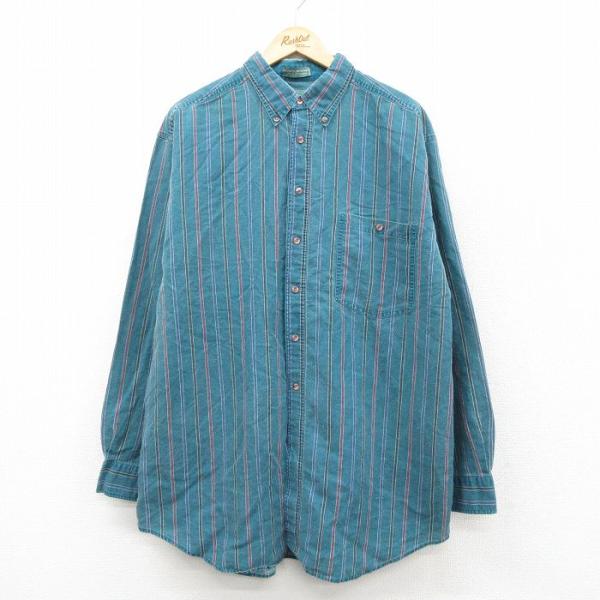 XL/古着 長袖 シャツ メンズ 大きいサイズ ロング丈 ボタンダウン 緑他 ストライプ 26feb...