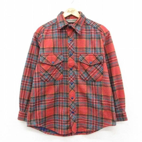 【20%OFF】L/古着 EMS 長袖 フリース シャツ メンズ 90年代 90s USA製 赤系他...