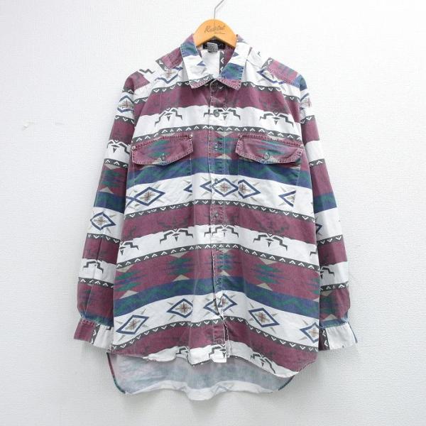 XL/古着 長袖 シャツ メンズ ネイティブ柄 ラグ柄 大きいサイズ コットン 白他 ストライプ s...