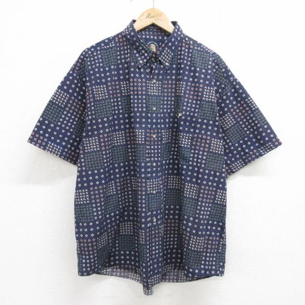 XL/古着 GANT 半袖 シャツ メンズ 90s 総柄 大きいサイズ コットン ボタンダウン 濃紺...