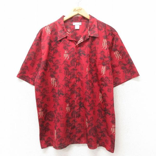 【50%OFF】L/古着 半袖 シャツ メンズ 男 開襟 オープンカラー 赤 レッド 25jun10...