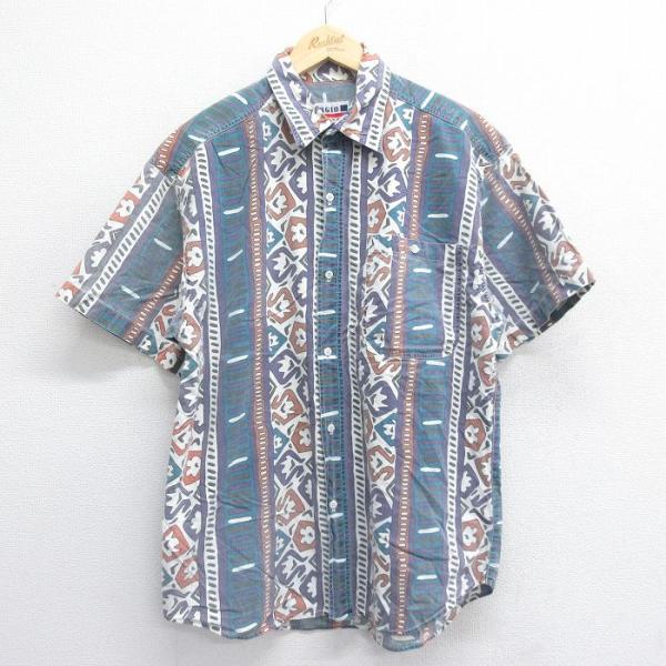 【50%OFF】L/古着 半袖 シャツ メンズ 90s 総柄 コットン 白他 ホワイト 25jun1...