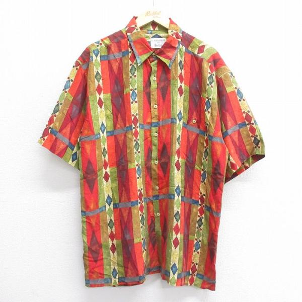 【50%OFF】XL/古着 半袖 シャツ メンズ 00s 総柄 ロング丈 シルク 赤他 レッド 25...