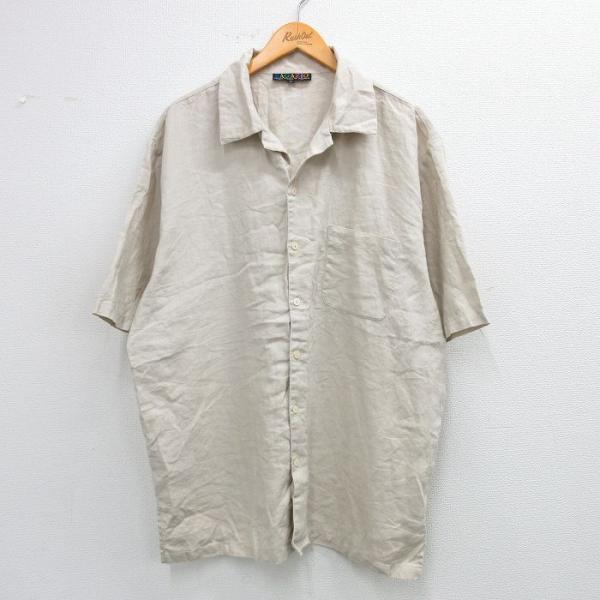 【50%OFF】XL/古着 半袖 シャツ メンズ リネン 開襟 オープンカラー ベージュ カーキ 2...