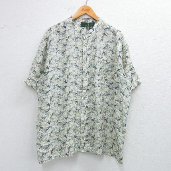 【50%OFF】XL/古着 半袖 シャツ メンズ 総柄 大きいサイズ シルク ノーカラー 白他 ホワ...