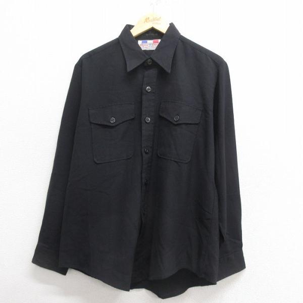 L/古着 長袖 ワーク シャツ メンズ 80s 黒 ブラック 25may26 中古 トップス