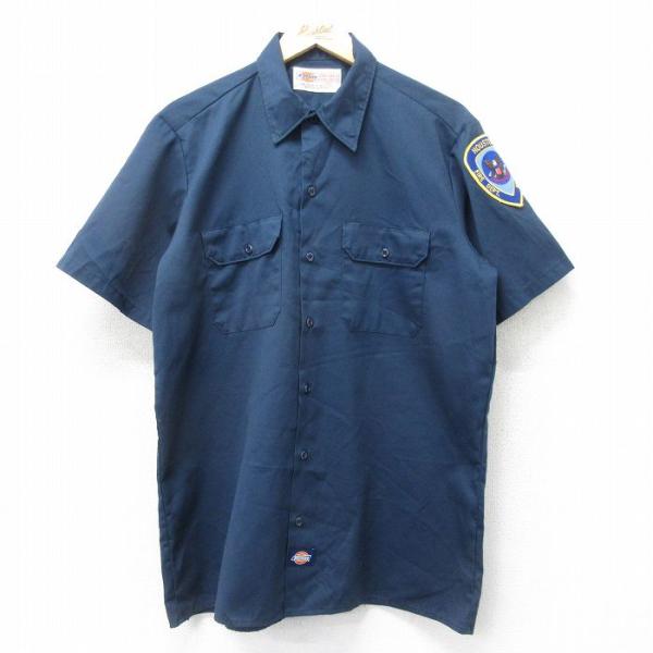 L/古着 ディッキーズ Dickies 半袖 ワーク シャツ メンズ 90s ヒューストン 紺 ネイ...