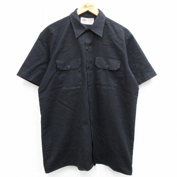 L/古着 ディッキーズ Dickies 半袖 ワーク シャツ メンズ 00s ロング丈 黒 ブラック...