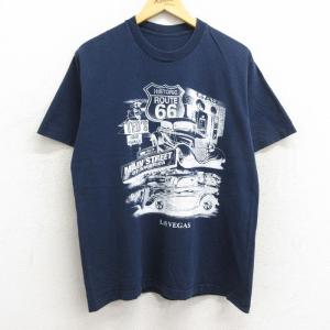 L/古着 半袖 Tシャツ メンズ 車 ルート66 クルーネック 紺 ネイビー 23jun21 中古