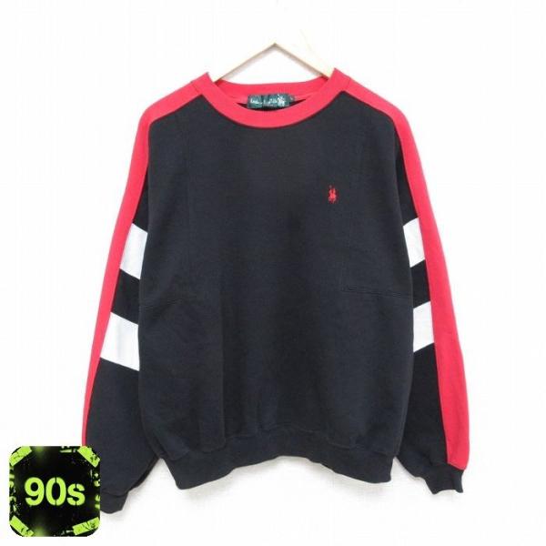 XL/古着 長袖 スウェット メンズ 90s マルチカラー 大きいサイズ ラグラン クルーネック 黒...
