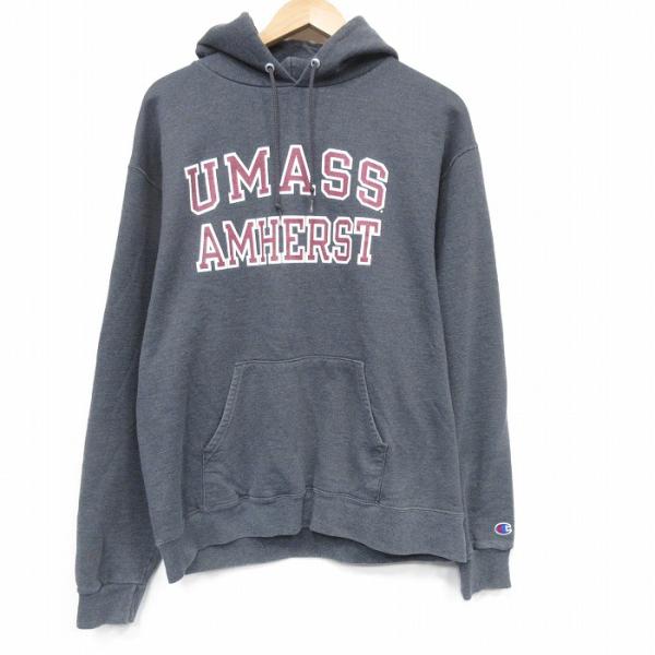 L/古着 チャンピオン champion 長袖 スウェット パーカー メンズ UMASS グレー 霜...