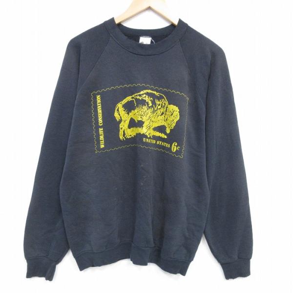 L/古着 長袖 スウェット メンズ 80年代 80s バッファロー ラグラン クルーネック 黒 25...