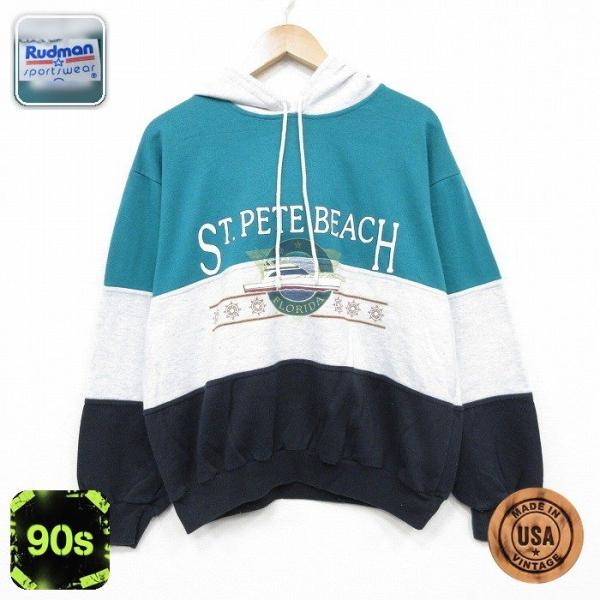【20%OFF】L/古着 長袖 スウェット パーカー メンズ 90年代 90s ボート マルチカラー...