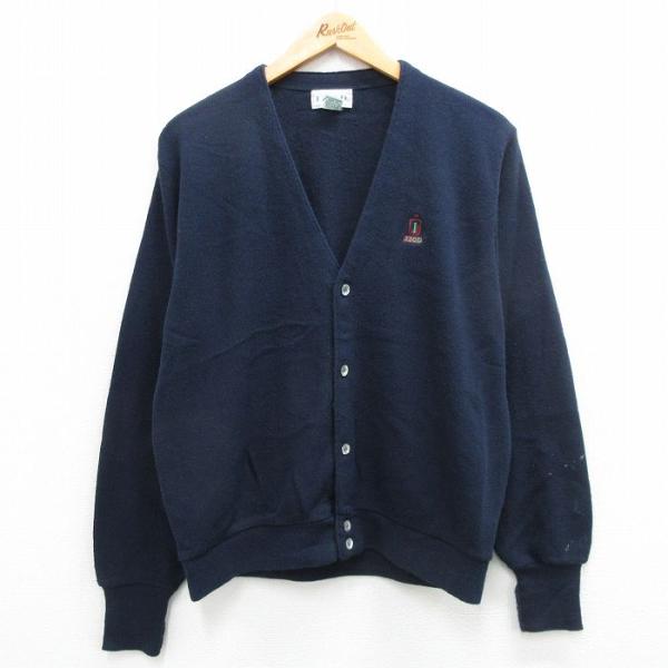 L/古着 IZOD 長袖 ニット カーディガン メンズ 90s ワンポイントロゴ アクリル 紺 ネイ...