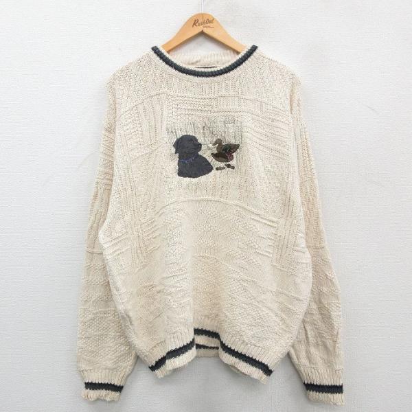 XL/古着 長袖 セーター メンズ 90s 犬 カモ 刺繍 大きいサイズ コットン クルーネック 生...