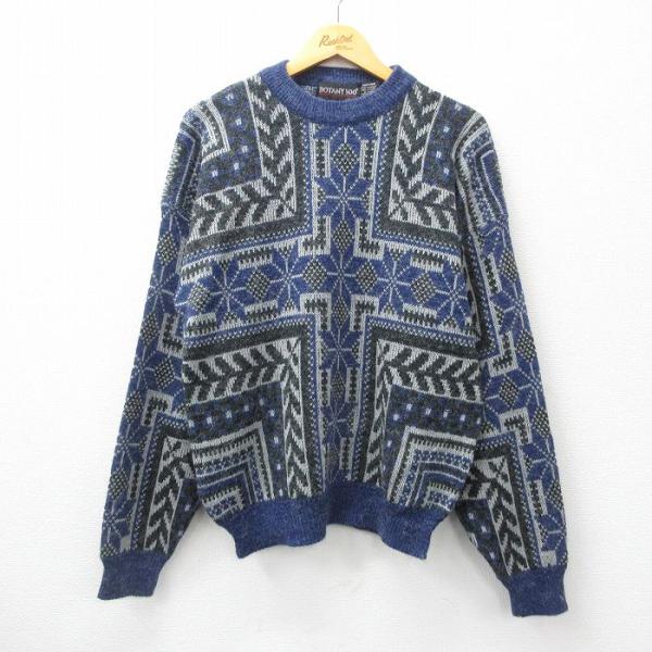 【50%OFF】L/古着 長袖 ノルディック セーター メンズ 90s 雪柄 クルーネック 紺他 ネ...