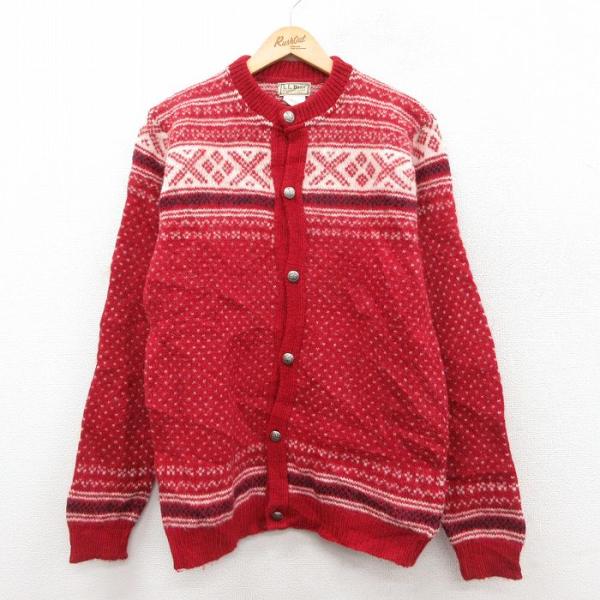 M/古着 エルエルビーン LLBEAN 長袖 ニット カーディガン メンズ 80s ウール 赤他 レ...