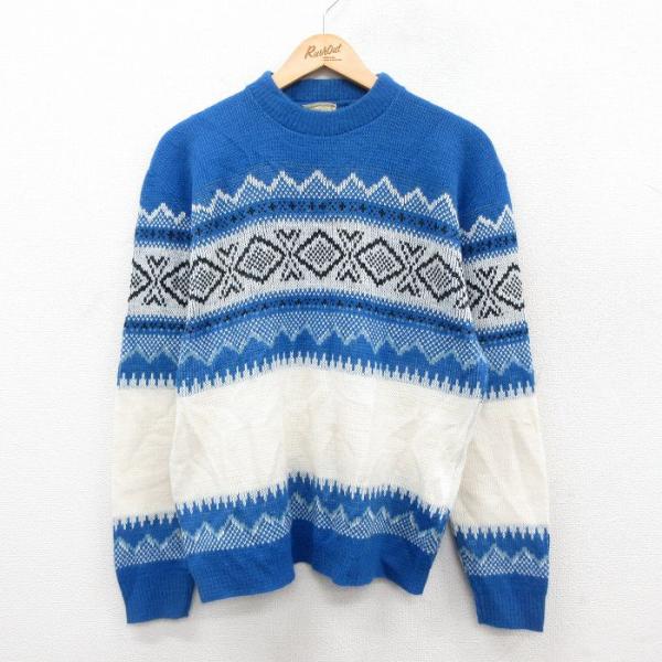 M/古着 BRENT 長袖 セーター メンズ 70s アクリル クルーネック 青他 ブルー 25oc...