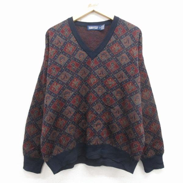 【50%OFF】XL/古着 ランズエンド 長袖 セーター メンズ 90年代 90s 総柄 Vネック ...