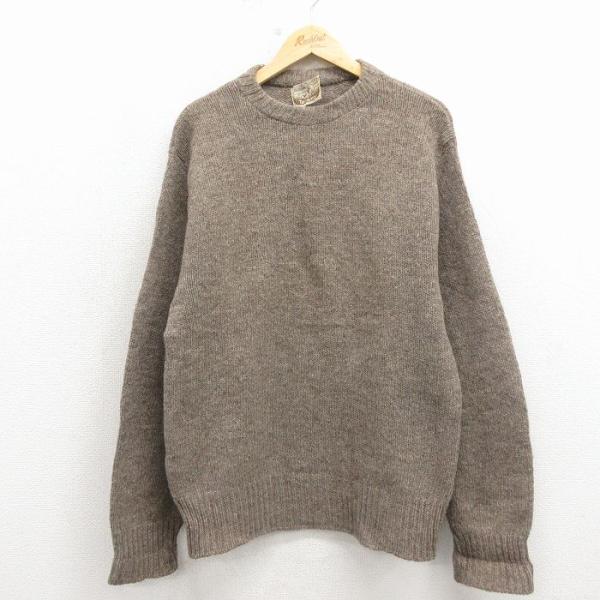M/古着 長袖 セーター メンズ 80年代 80s 無地 ウール クルーネック 濃ベージュ 霜降り ...