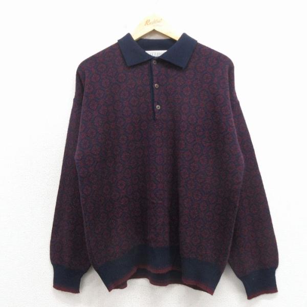 L/古着 長袖 セーター メンズ 90年代 90s 襟付き イタリア製 エンジ他 26apr15