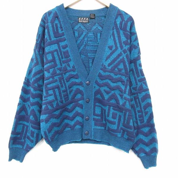 L/古着 長袖 ニット カーディガン メンズ 90年代 90s 総柄 アクリル 青緑 26jan30