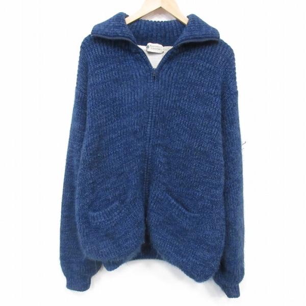 XL/古着 長袖 フルジップ ニット カーディガン メンズ アクリル 紺 霜降り 内側サーマル 26...