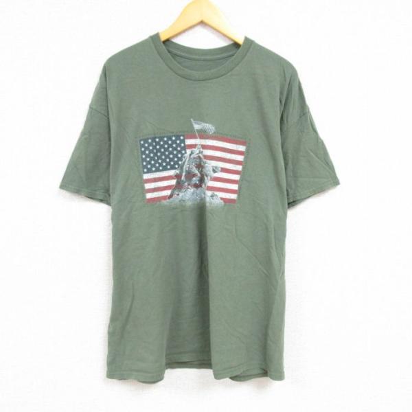 XL/古着 半袖 Tシャツ メンズ ミリタリー 星条旗 大きいサイズ クルーネック 緑 グリーン 2...